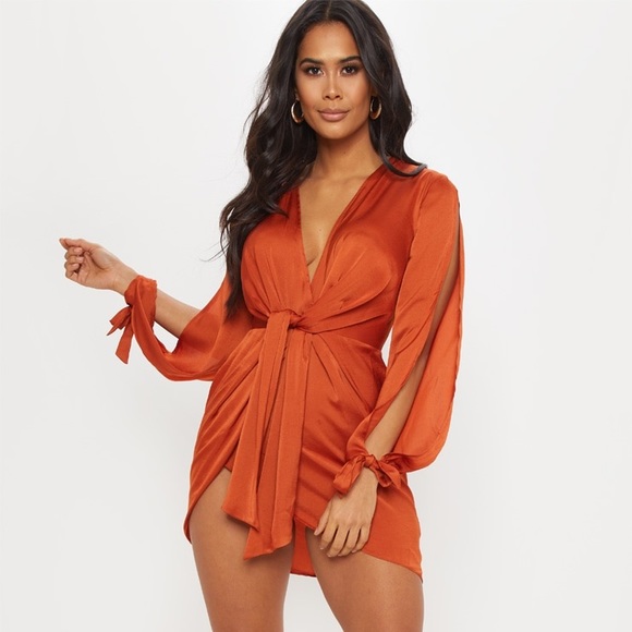 rust satin twist front open sleeve wrap dress PrettyLittleThing | Dresses | Plt Rust Satin Twist Front Open Sleeve Wrap  Dress